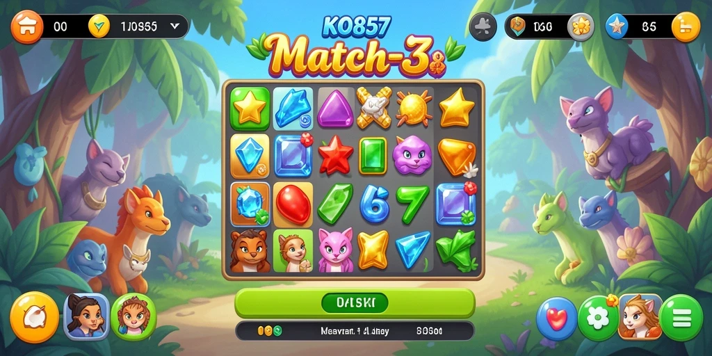 Tampilan gameplay seru dari KO857 dengan permata berwarna-warni.