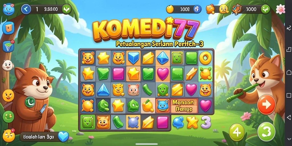 Tampilan gameplay Match-3 seru dari KOMEDI77 yang penuh warna.