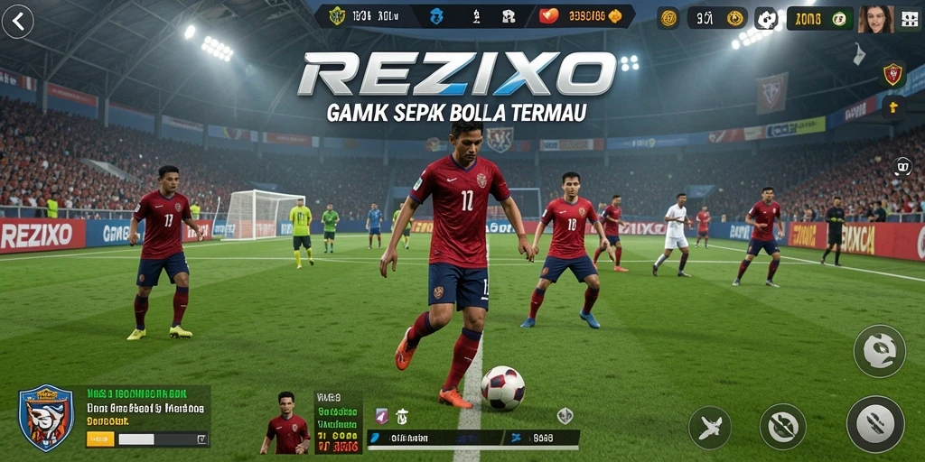 Tampilan game REZIXO dengan aksi sepak bola yang seru.